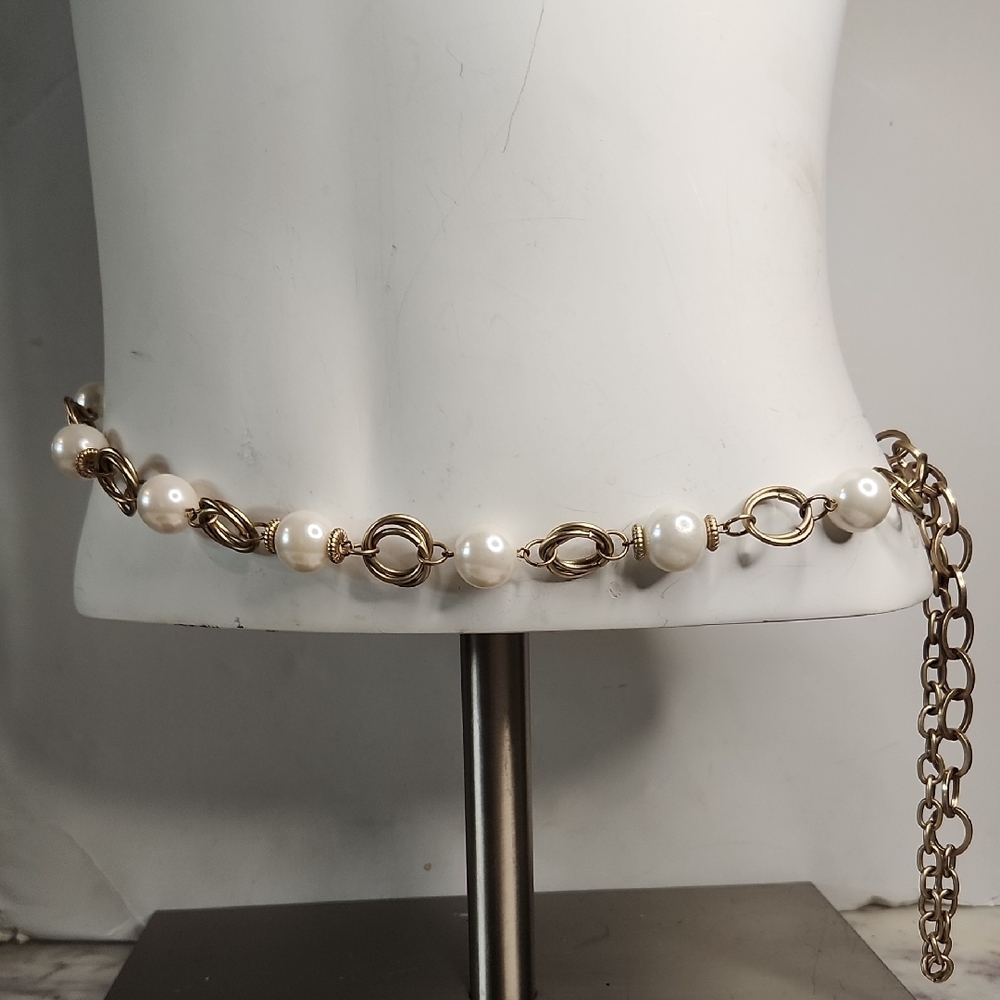 Large Faux Pearl and Gold Chain Belt Adjustable Sz Unisex 🔥